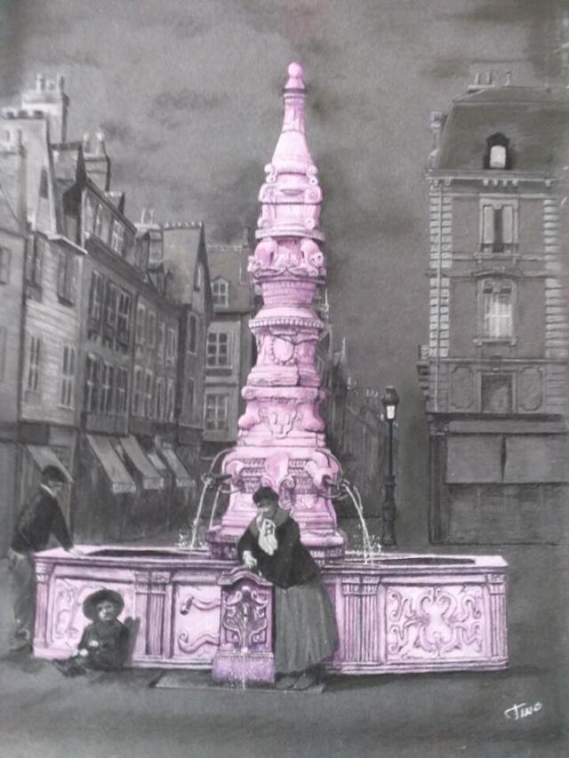 dessin pastel de la fontaine de beaune