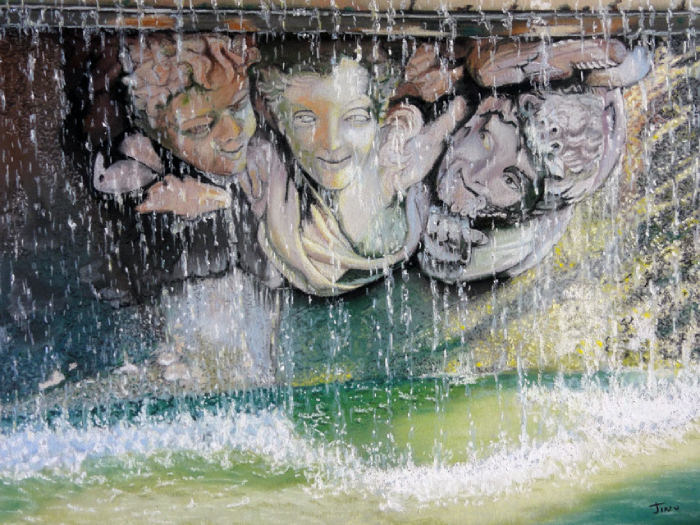 dessin pastel d'une fontaine