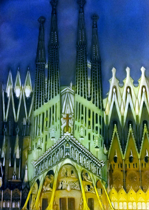 dessin pastel de l'entrée de la sagrada familia