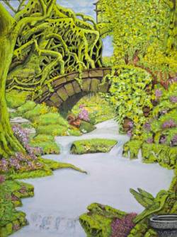 pastel d'un jardin avec un pont