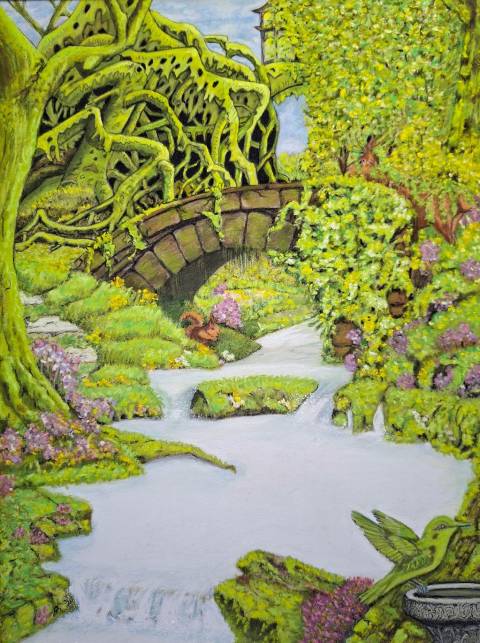 dessin d'un jardin avec un pont